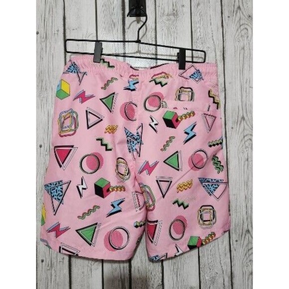 Mens Swim Trunks Medium Pink Geometric Shapes Drawstring Pockets Elastic Waist - Picture 6 of 6